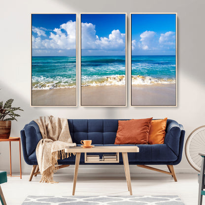 60364-MGV-FC-48X32-3P_Natural-Tropical Ocean Wave Wall Art – Serene Blue Sea and White Sand Beach Canvas Print, Coastal Landscape Decor for Living Room, Bedroom