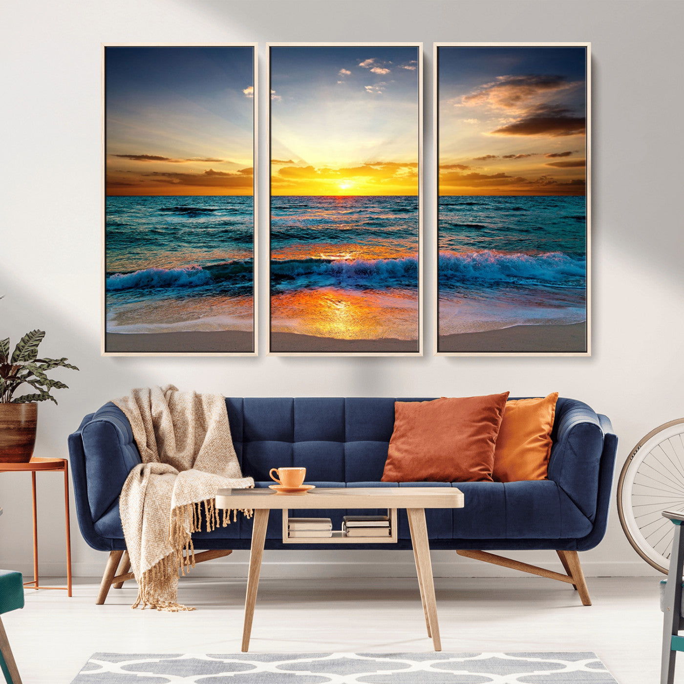50627-MGV-FC-48X32-3P_Natural-Ocean Sunset Wall Art – Serene Beach Canvas Print with Waves and Golden Sky, Coastal Decor for Living Room or Office