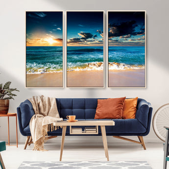 88985-MGV-FC-48X32-3P_Natural-Ocean Sunset Wall Art – Tranquil Beach Waves Canvas Print, Coastal Seascape Decor for Living Room or Office