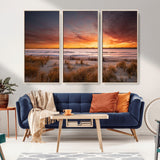 90176-MGV-FC-48X32-3P_Natural-Beach Sunset Wall Art – Coastal Sand Dune Canvas Print with Ocean Waves and Dramatic Sky, Seaside Landscape Decor for Living Room