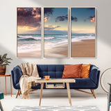 42253-MGV-FC-48X32-3P_Natural-Serene Beach Waves Wall Art – Tranquil Ocean Horizon Canvas Print, Coastal Seascape Decor for Living Room or Office Wall