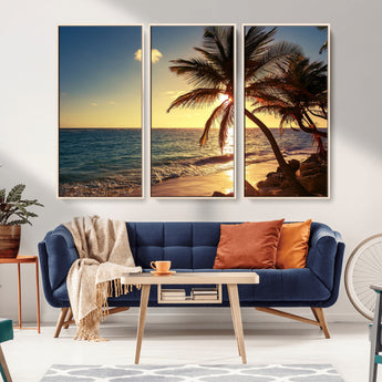 82710-MGV-FC-48X32-3P_Natural-Palm Tree Sunset Beach Wall Art – Tropical Ocean Canvas Print, Coastal Paradise Seascape Decor for Living Room or Office Wall