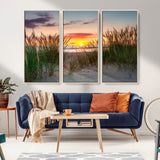 25576-MGV-FC-48X32-3P_Natural-Beach Grass Sunset Wall Art – Coastal Sand Dune Landscape Canvas Print, Ocean View Nature Decor for Living Room or Office Wall