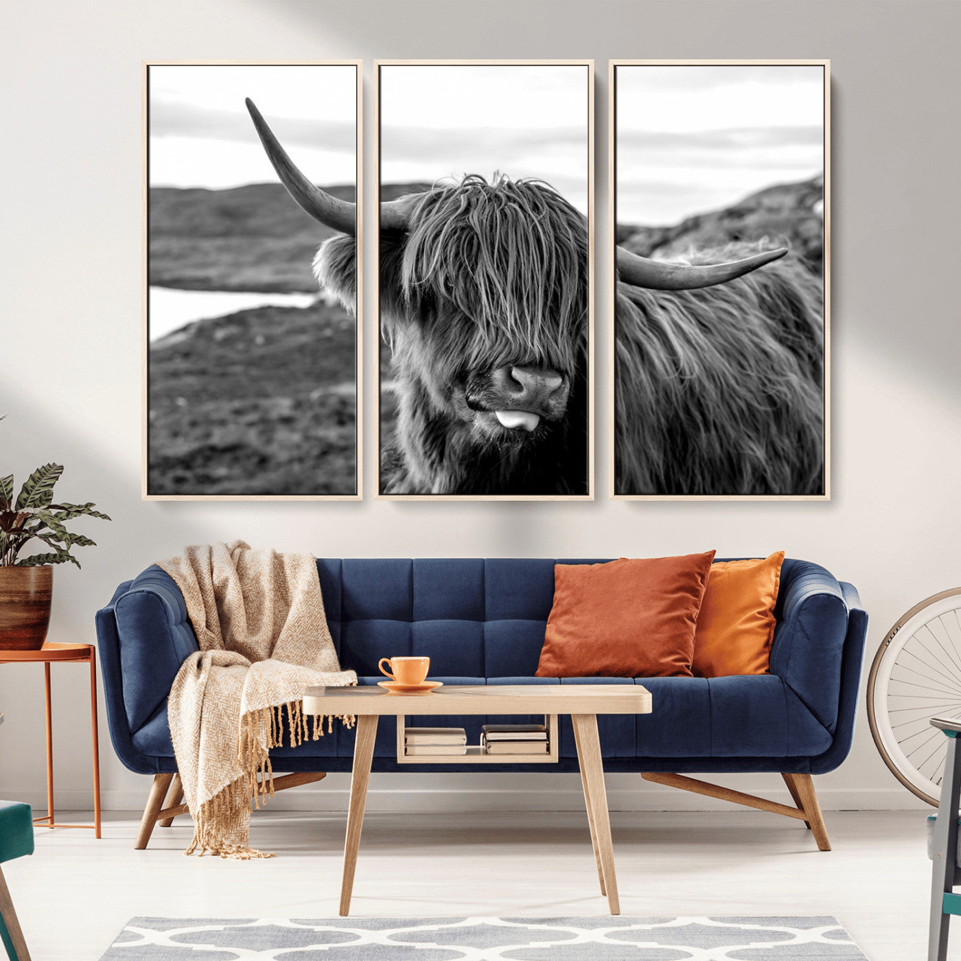 83810-MGV-FC-48X32-3P_Natural-Highland Cow Wall Art – Black and White Highland Cattle Print, Rustic Farmhouse Animal Decor for Living Room
