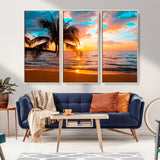 34674-MGV-FC-48X32-3P_Natural-Tropical Sunset Beach Wall Art – Palm Tree Ocean Canvas Print, Coastal Seascape Decor for Living Room or Office Wall