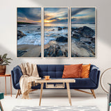 17902-MGV-FC-48X32-3P_Natural-Rocky Shore Ocean Sunset Wall Art – Coastal Seascape Canvas Print, Nature Beach Decor for Living Room or Office