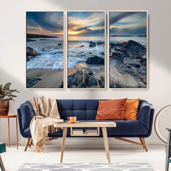 17902-MGV-FC-48X32-3P_Natural-Rocky Shore Ocean Sunset Wall Art – Coastal Seascape Canvas Print, Nature Beach Decor for Living Room or Office