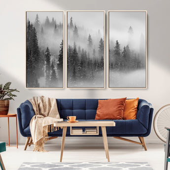 57235-MGV-FC-48X32-3P_Natural-Misty Pine Forest Wall Art – Black and White Mountain Landscape Canvas Print, Nature Woodland Decor for Living Room, Bedroom or