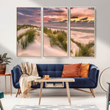 60570-MGV-FC-48X32-3P_Natural-Beach Sunset Wall Art – Coastal Sand Dunes and Ocean Horizon Canvas Print, Tranquil Seascape Photography Decor for Living Room or