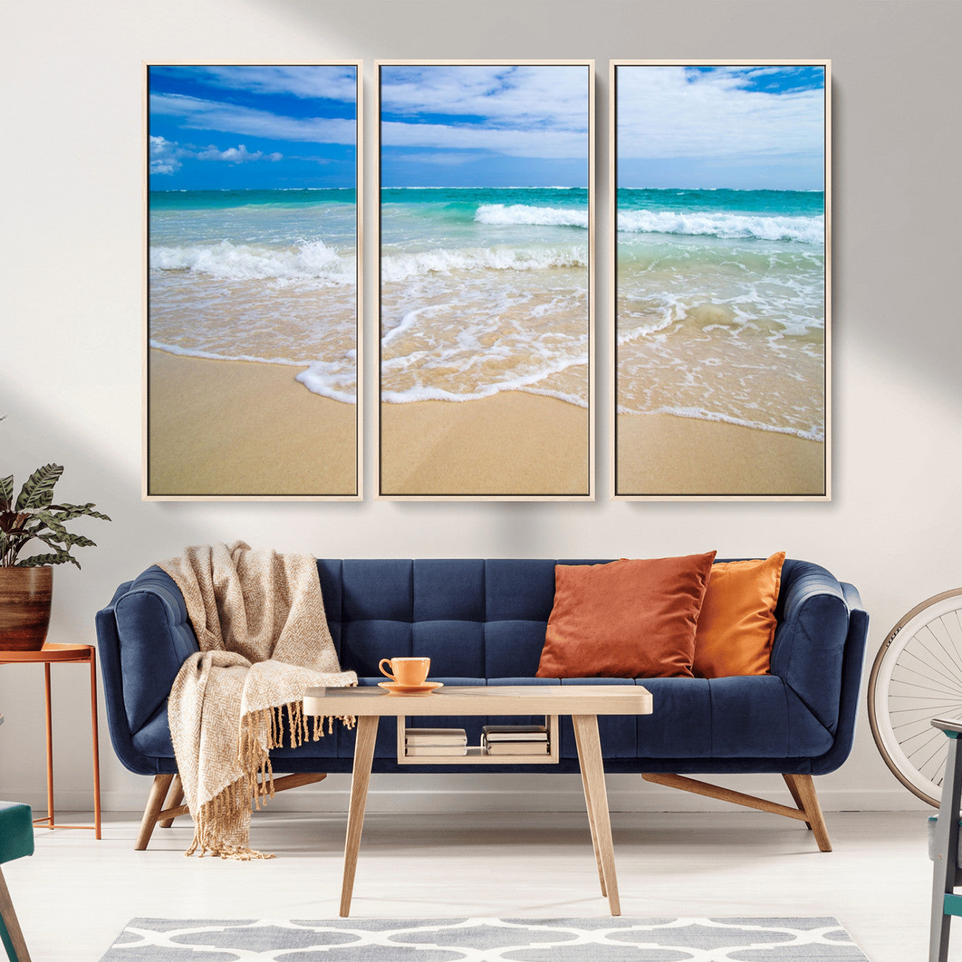 20660-MGV-FC-48X32-3P_Natural-Ocean Wave Beach Wall Art – Serene Blue Sea and Sandy Shore Canvas Print, Coastal Landscape Photography Decor for Living Room or