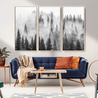 10422-MGV-FC-48X32-3P_Natural-Misty Pine Forest Wall Art – Black and White Foggy Landscape Canvas Print, Serene Nature Woodland Decor for Bedroom, Office or