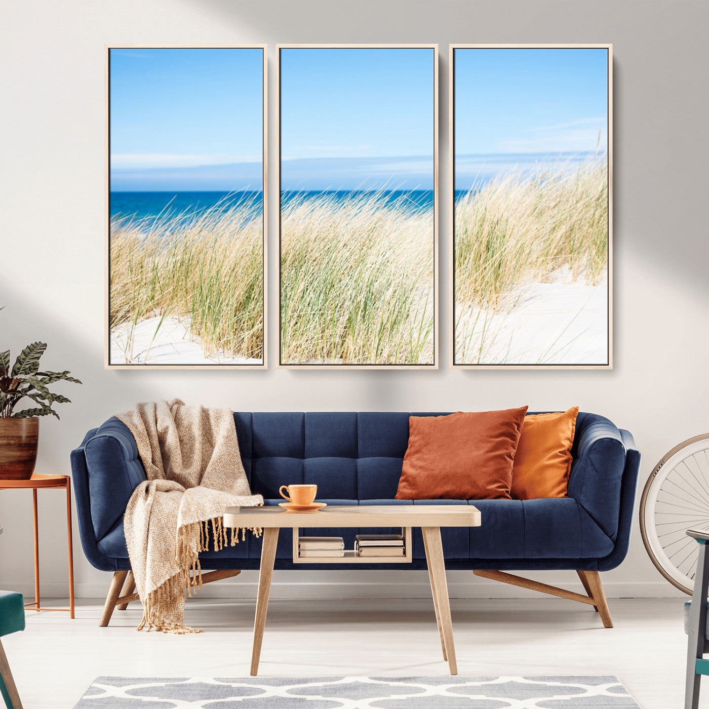 96913-MGV-FC-48X32-3P_Natural-Coastal Dunes Wall Art – Serene Beach Grass and Blue Ocean Canvas Print, Relaxing Seaside Nature Decor for Living Room, Bedroom or