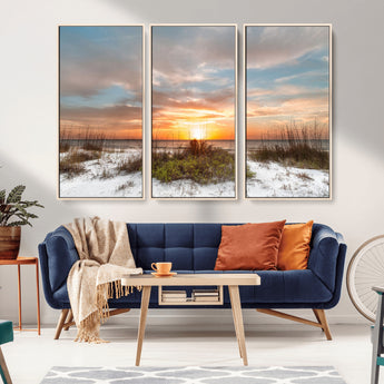 91064-MGV-FC-48X32-3P_Natural-Beach Sunset Wall Art – Coastal Sand Dunes and Ocean Horizon Canvas Print, Seaside Landscape Wall Decor for Living Room, Bedroom