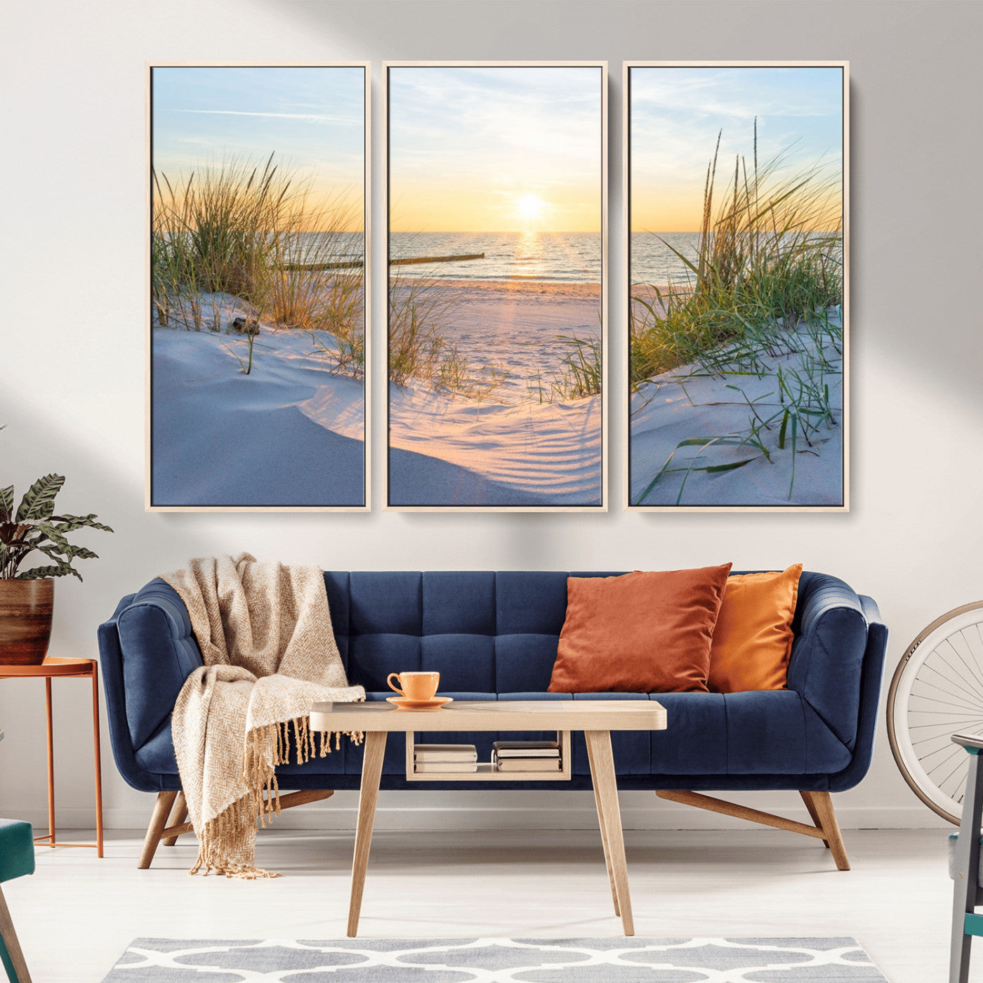 48907-MGV-FC-48X32-3P_Natural-Beach Sunset Wall Art – Coastal Sand Dunes and Ocean View Canvas Print, Serene Seaside Landscape Painting for Living Room, Bedroom