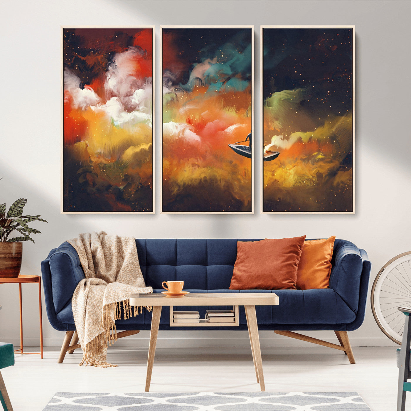 45085-MGV-FC-48X32-3P_Natural-Surreal Cosmic Wall Art – Abstract Galaxy Dreamscape Canvas Print with Man and Dog in Boat, Fantasy Nebula Painting for Living
