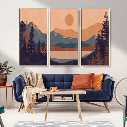 62795-MGV-CV-36X24-Minimalist Mountain Landscape Wall Art – Abstract Sunset Over Peaks and Pine Trees Canvas Print, Modern Nature Decor for Living
