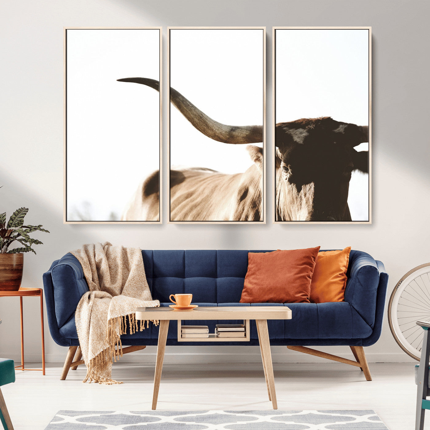35866-MGV-FC-48X32-3P_Natural-Texas Longhorn Wall Art – Rustic Western Bull Canvas Print, Farmhouse Animal Photography Decor for Living Room, Office, or Ranch