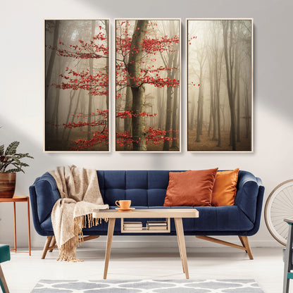61855-MGV-CV-36X24-Misty Forest Wall Art – Red Tree with Autumn Leaves Canvas Print, Moody Woodland Nature Decor for Living Room, Bedroom, or Office