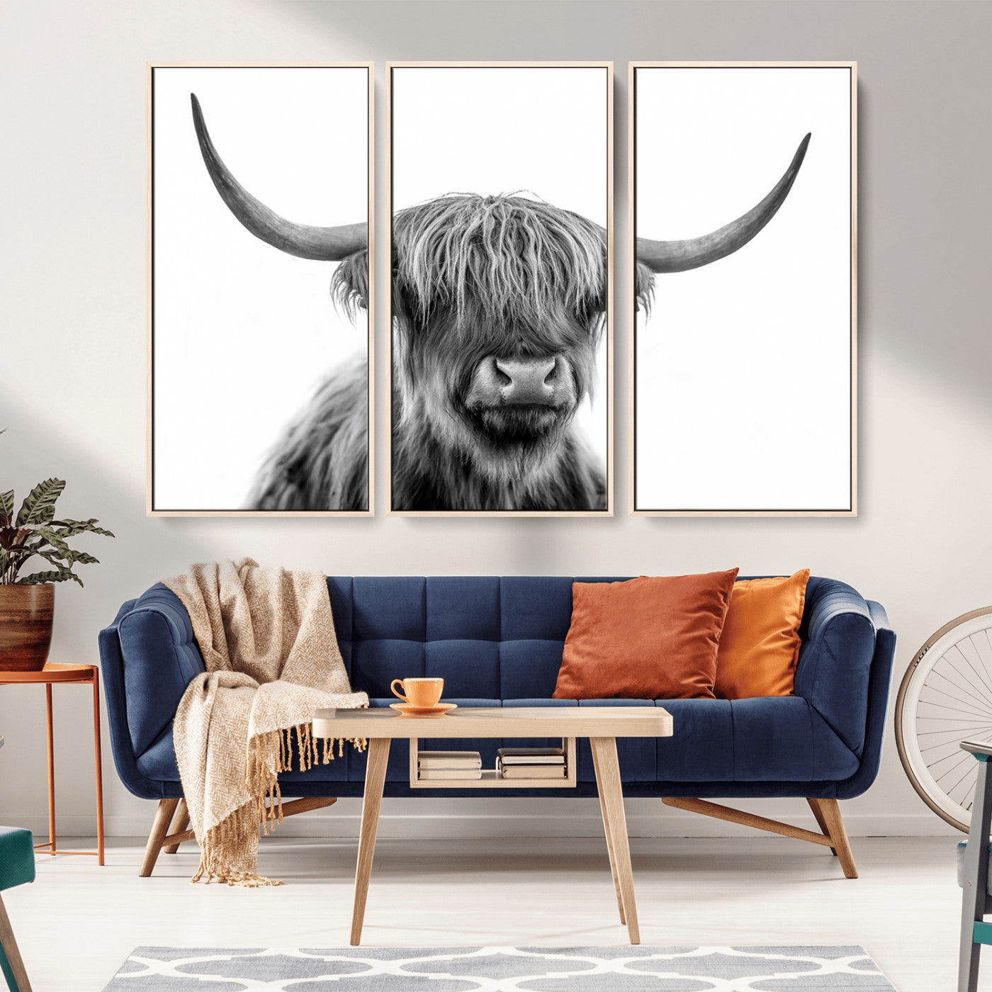 10123-MGV-FC-48X32-3P_Natural-Black and White Highland Cow Wall Art – Modern Farmhouse Animal Print, Rustic Scottish Bull Canvas Decor for Living Room, Bedroom,