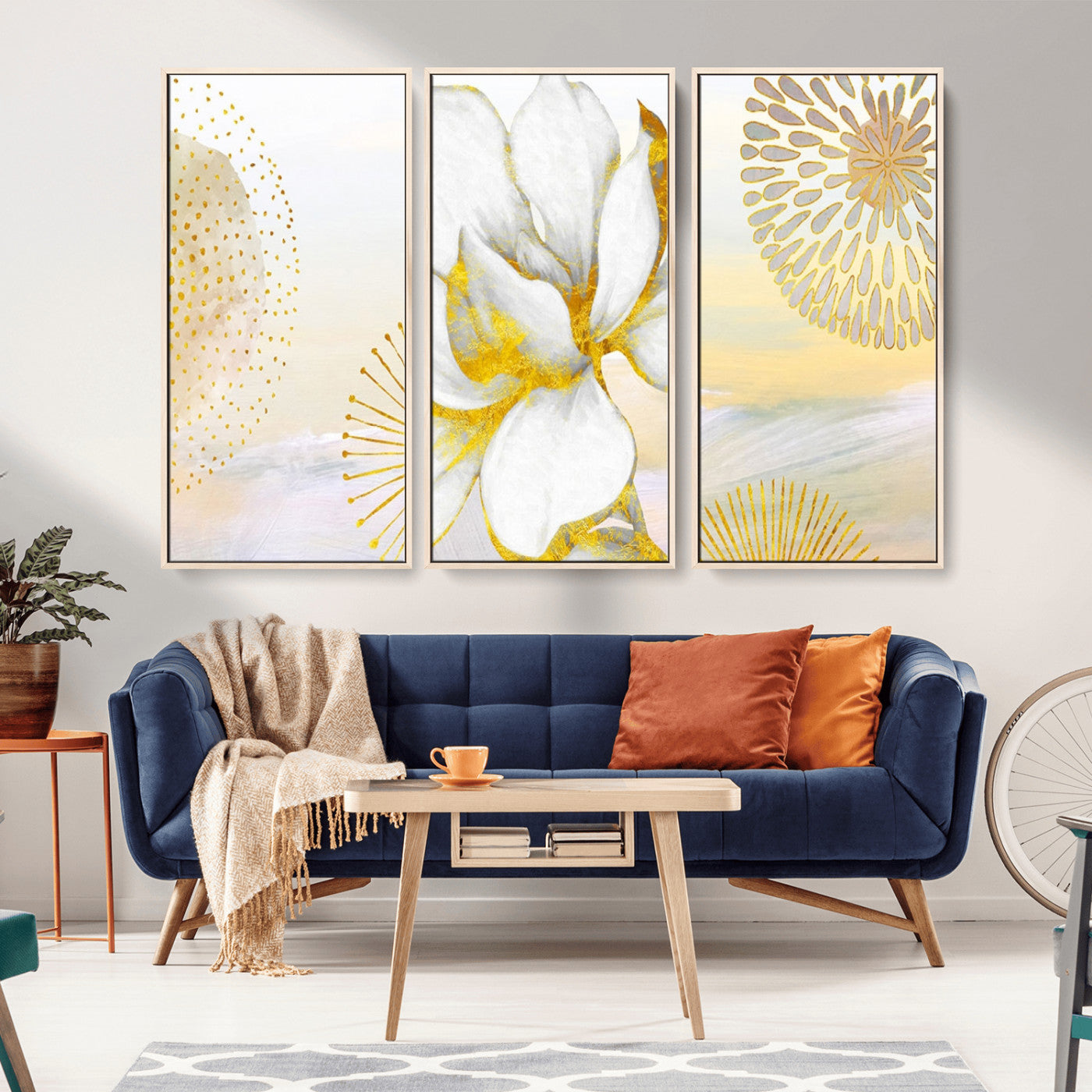 82301-MGV-CV-36X24-Modern Floral Wall Art – White Flower with Gold Detailing Canvas Print, Elegant Abstract Artwork for Living Room, Bedroom, or