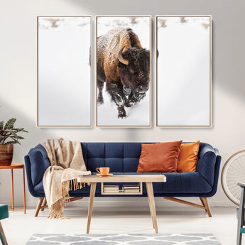 19889-MGV-FC-48X32-3P_Natural-Snow Bison Wall Art – Majestic Buffalo Winter Landscape Canvas Print, Rustic Wildlife Photography Decor for Cabin, Lodge, Living