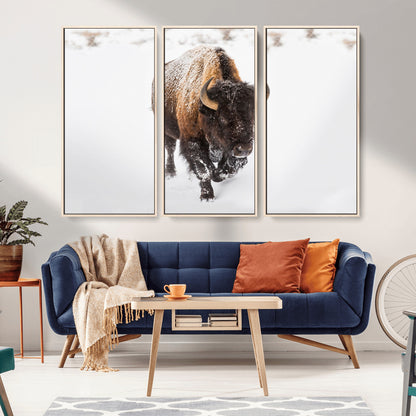 19889-MGV-FC-48X32-3P_Natural-Snow Bison Wall Art – Majestic Buffalo Winter Landscape Canvas Print, Rustic Wildlife Photography Decor for Cabin, Lodge, Living
