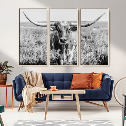 77320-MGV-FC-48X32-3P_Natural-Texas Longhorn Wall Art – Black and White Western Cattle Canvas Print, Rustic Farmhouse Animal Photography Decor for Living Room,
