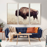 48406-MGV-FC-48X32-3P_Natural-American Bison Wall Art – Rustic Buffalo Canvas Print in Prairie Field, Western Wildlife Photography Decor for Cabin, Lodge,