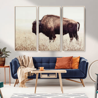 48406-MGV-FC-48X32-3P_Natural-American Bison Wall Art – Rustic Buffalo Canvas Print in Prairie Field, Western Wildlife Photography Decor for Cabin, Lodge,