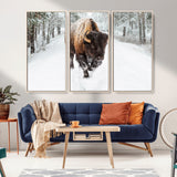 10109-MGV-FC-48X32-3P_Natural-Majestic Bison Winter Wall Art – Snowy Forest Buffalo Canvas Print, Rustic Wildlife Photography Decor for Cabin, Lodge, Living
