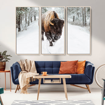 10109-MGV-FC-48X32-3P_Natural-Majestic Bison Winter Wall Art – Snowy Forest Buffalo Canvas Print, Rustic Wildlife Photography Decor for Cabin, Lodge, Living
