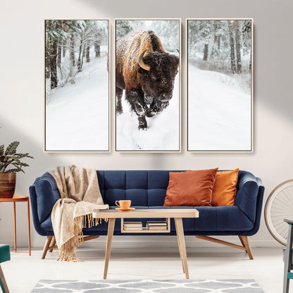 10109-MGV-FC-48X32-3P_Natural-Majestic Bison Winter Wall Art – Snowy Forest Buffalo Canvas Print, Rustic Wildlife Photography Decor for Cabin, Lodge, Living