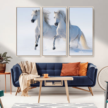 80145-MGV-FC-48X32-3P_Natural-White Horses Running Snow Wall Art – Majestic Equine Canvas Print, Winter Nature Photography Decor for Living Room, Office,