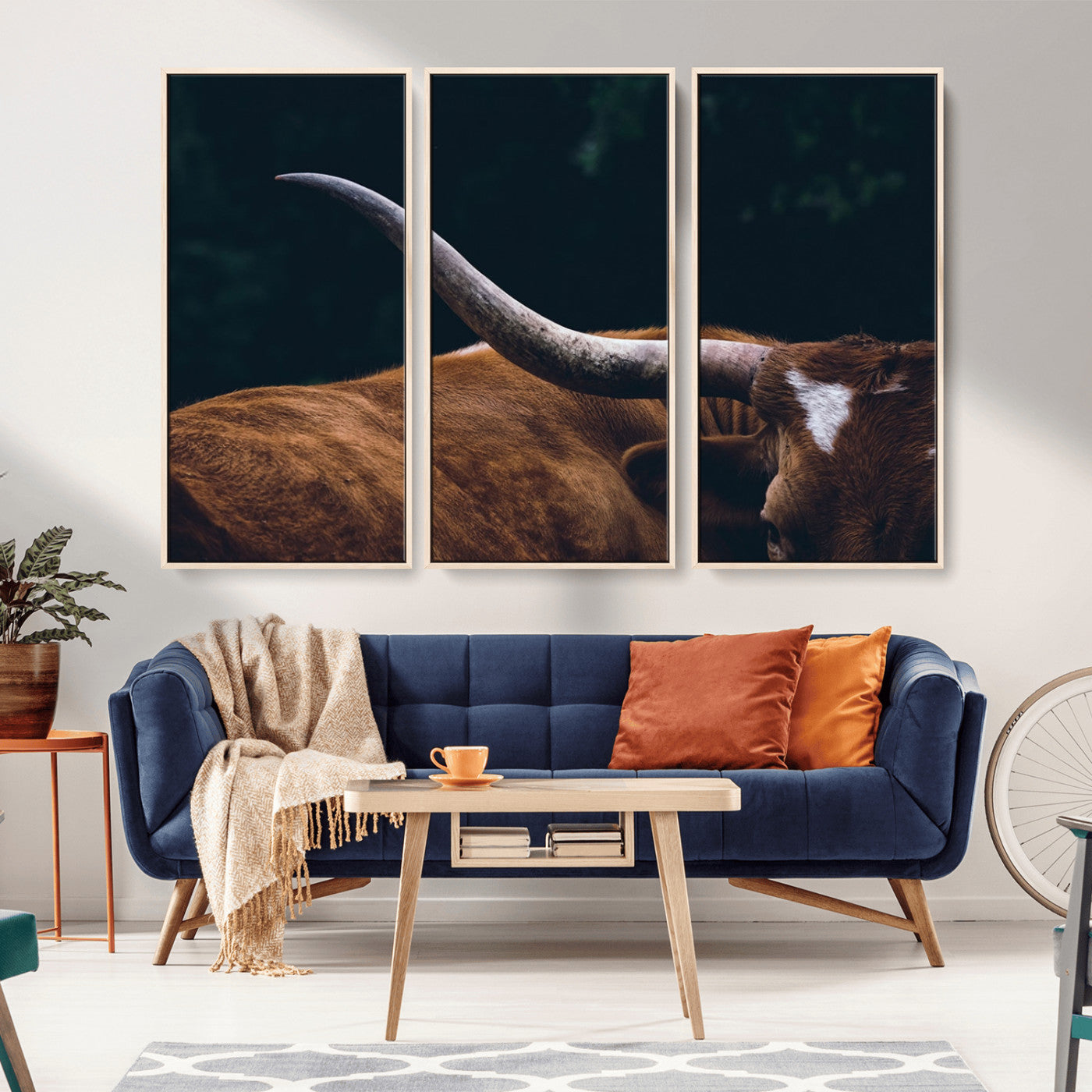 55197-MGV-FC-48X32-3P_Natural-Texas Longhorn Wall Art – Rustic Western Bull Horn Canvas Print and Farmhouse Country Animal Decor for Living Room, Office or