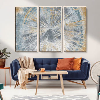 17631-MGV-FC-48X32-3P_Natural-Radiant Burst Wall Art – Abstract Sunburst Canvas Print in Blue and Gold, Modern Geometric Painting for Living Room, Office or