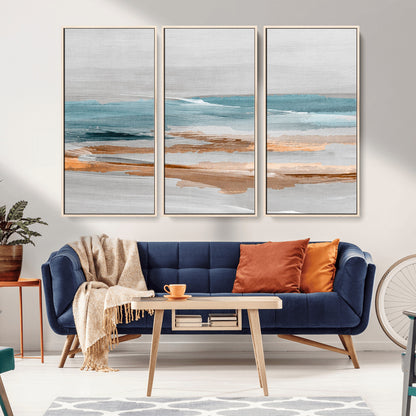 23430-MGV-FC-48X32-3P_Natural-Abstract Coastal Wall Art – Modern Ocean Horizon Canvas Print, Minimalist Beach Scene Painting for Bedroom, Living Room, Office or