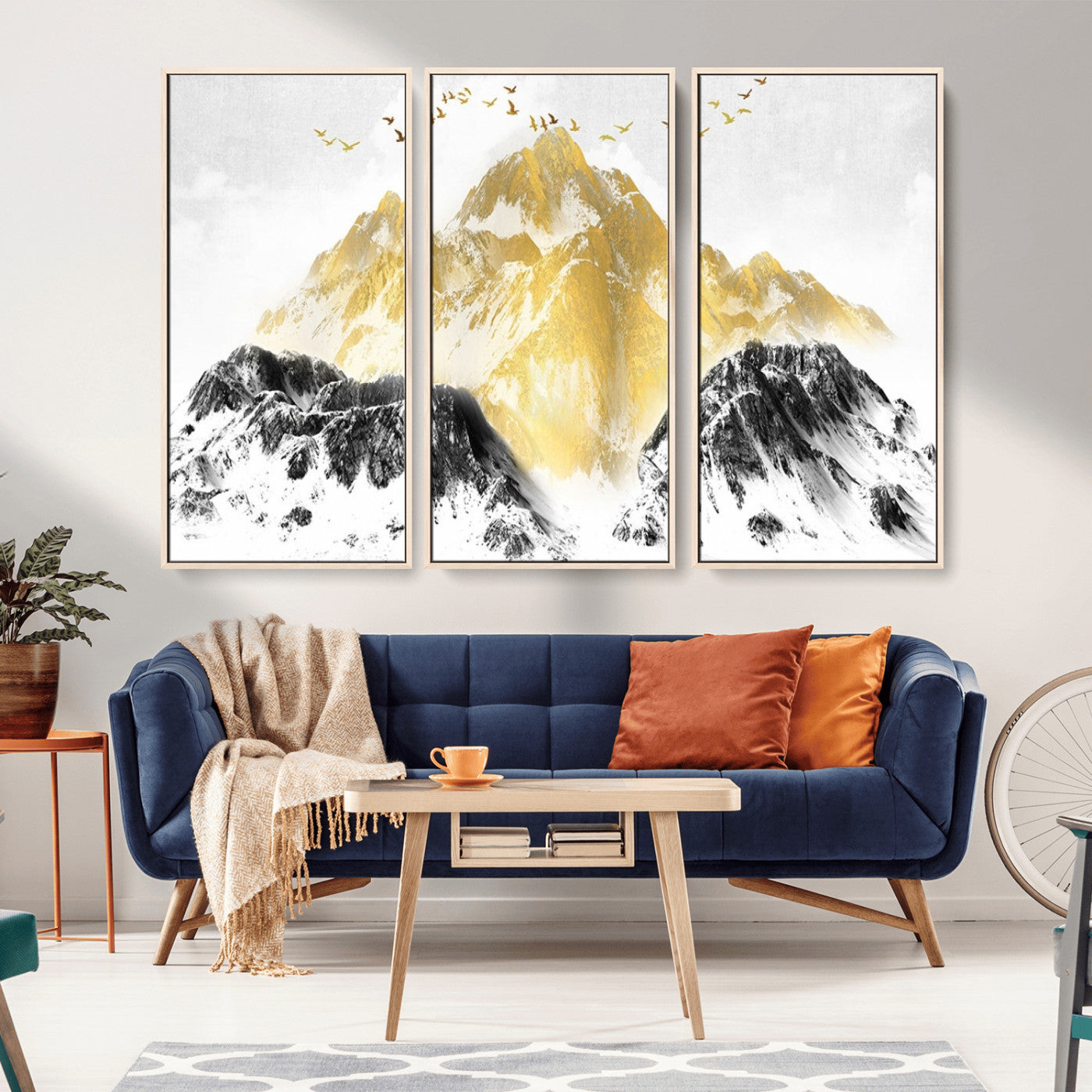 37733-MGV-FC-48X32-3P_Natural-Golden Mountain Wall Art – Modern Abstract Landscape Canvas Print with Birds, Luxury Nature Decor for Living Room, Bedroom, or