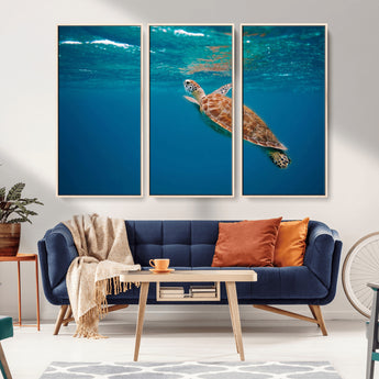 91440-MGV-FC-48X32-3P_Natural-Sea Turtle Wall Art – Ocean Turtle Canvas Print, Underwater Marine Life Decor for Living Room, Office, Beach House or Bathroom