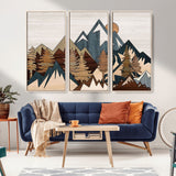 67950-MGV-FC-48X32-3P_Natural-Modern Wood Wall Art Canvas Print, Framed Mountain Range Art Picture Print, Wood Mountain Range Perfect Rustic Decor Artwork