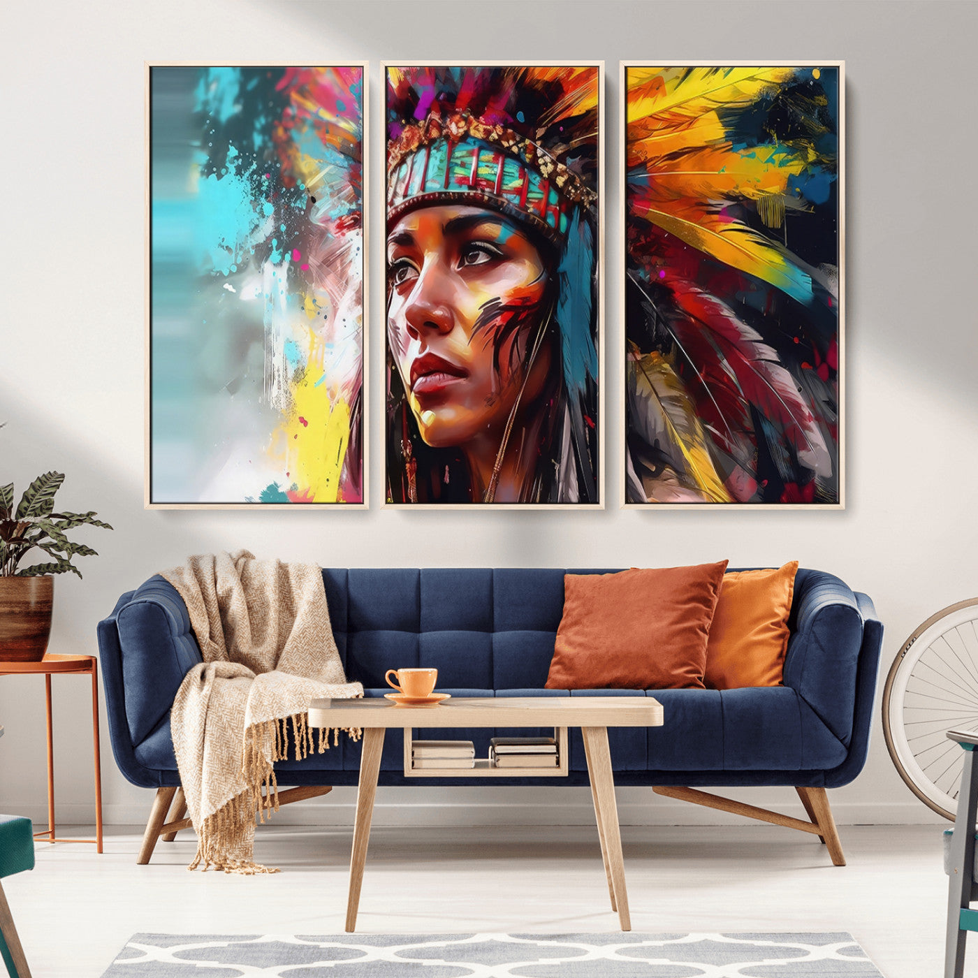 70785-MGV-CV-36X24-Tribal Woman Wall Art – Colorful Abstract Portrait Canvas with Feather Headdress, Bold Ethnic Inspired Decor for Living Room,