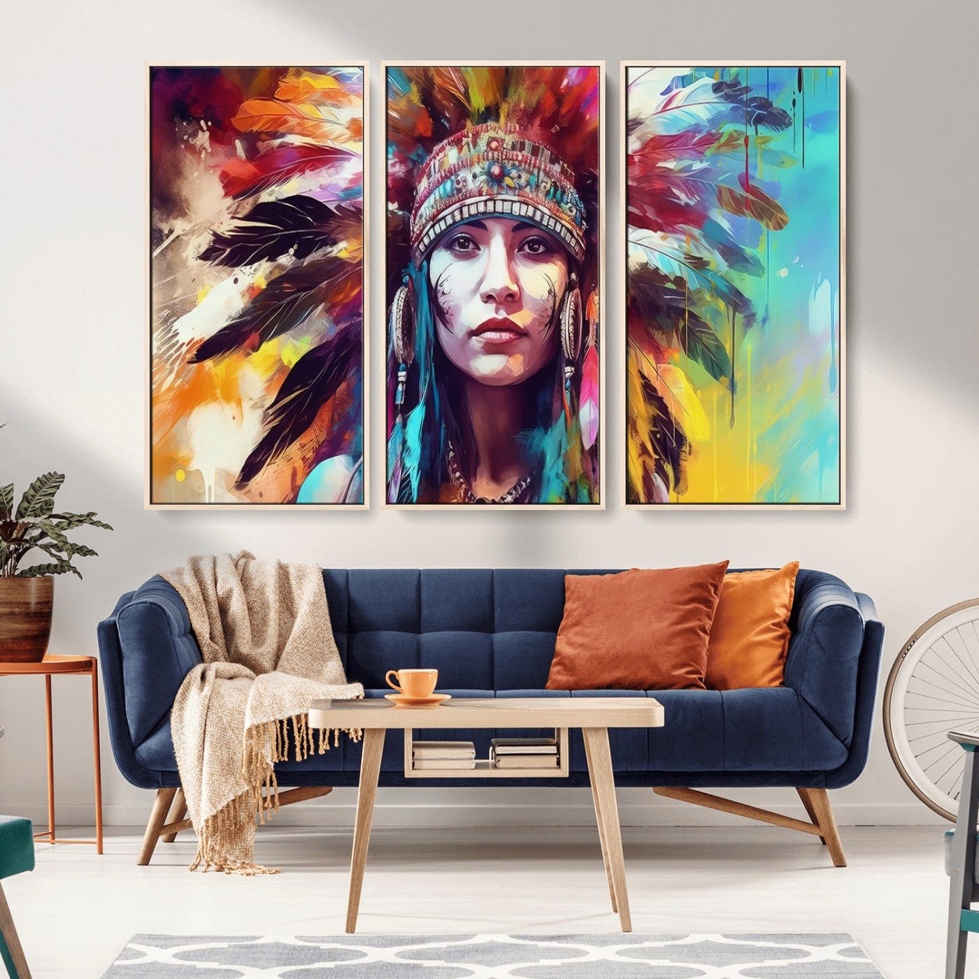 83460-MGV-CV-36X24-Colorful Native Inspired Woman Wall Art – Abstract Feather Headdress Canvas Print, Bold Tribal Style Decor for Living Room or