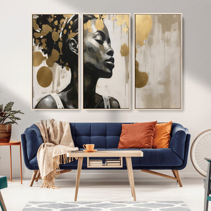65669-MGV-CV-36X24-Elegant Black Woman Wall Art – Modern Abstract Portrait Canvas with Gold Accents, Contemporary Afrocentric Decor for Living Room