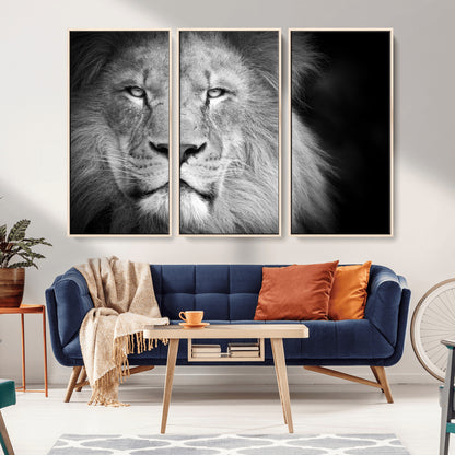 94453-MGV-FC-48X32-3P_Natural-Lion Portrait Wall Art – Black and White King of the Jungle Canvas Print, Safari Wildlife Decor for Office, Bedroom, or Living