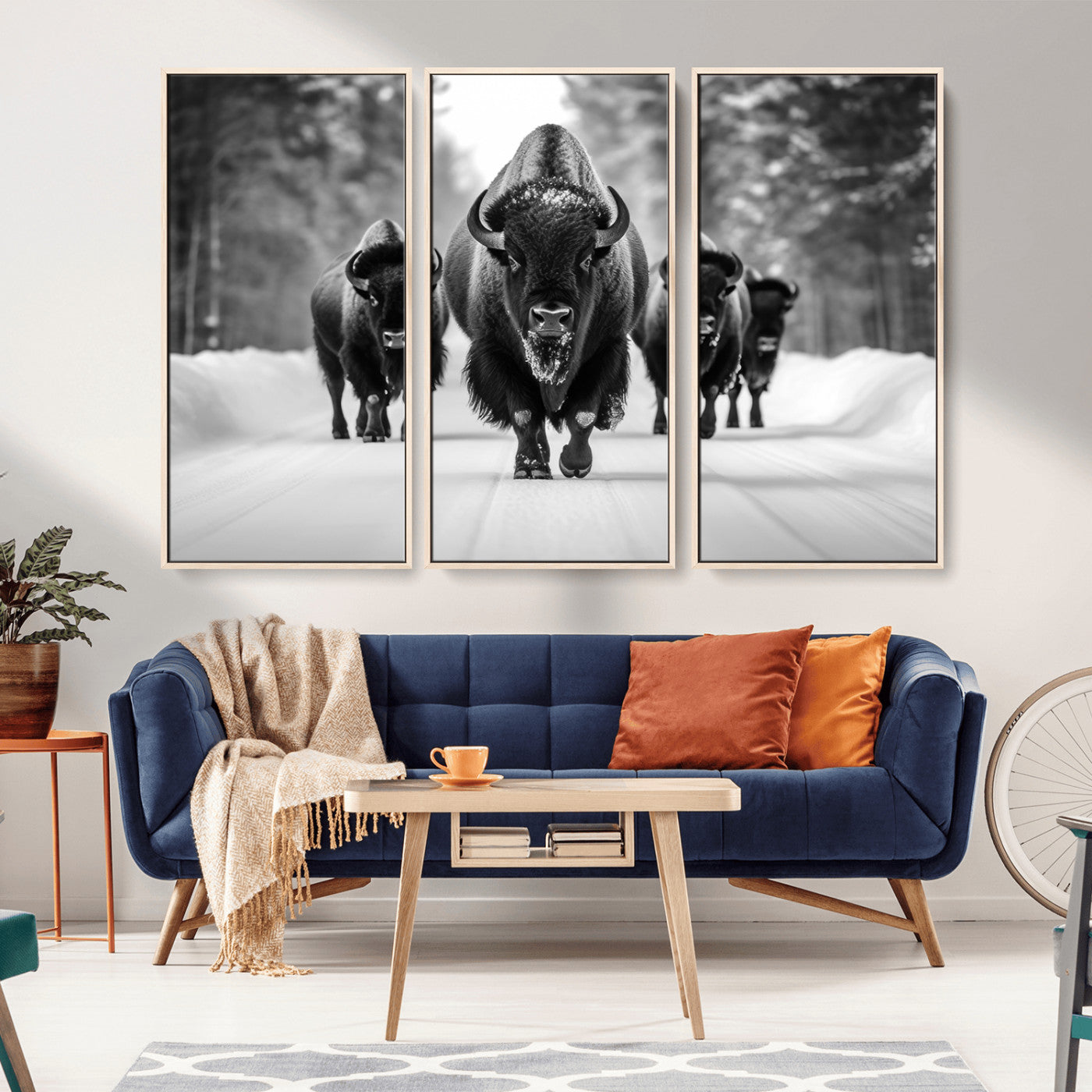 45287-MGV-CV-36X24-Bison Herd Wall Art – Black and White Buffalo Snow Road Canvas Print, Rustic Wildlife Decor for Cabin, Lodge or Living Room