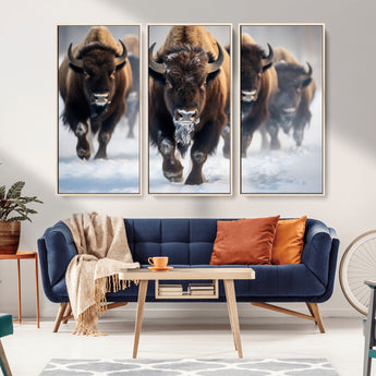 80512-MGV-FC-48X32-3P_Natural-Bison Herd Wall Art – Buffalo Running in Snow Canvas Print, Rustic Wildlife Photography Decor for Cabin, Lodge, or Living Room