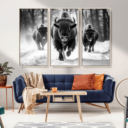 97552-MGV-CV-36X24-Black and White Bison Wall Art – Buffalo Herd Running in Snow Canvas Print, Rustic Wildlife Photography Decor for Cabin, Lodge, or