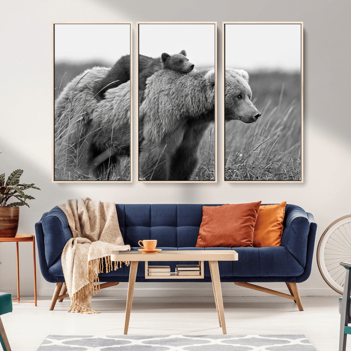 76338-MGV-CV-36X24-Mother Bear and Cub Wall Art – Black and White Wildlife Canvas Print, Rustic Nature Photography for Cabin, Living Room or Office