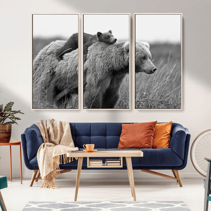 76338-MGV-CV-36X24-Mother Bear and Cub Wall Art – Black and White Wildlife Canvas Print, Rustic Nature Photography for Cabin, Living Room or Office