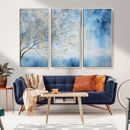 23891-MGV-CV-36X24-Abstract Tree Wall Art – Minimalist Blue and Gold Canvas Painting, Elegant Nature-Inspired Artwork for Living Room, Bedroom or