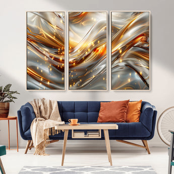 Lines1-MGV-CV-36X24-Abstract Metallic Wall Art – Silver and Gold Wave Canvas Print with Sparkling Accents, Modern Luxury Decor for Living Room, Office
